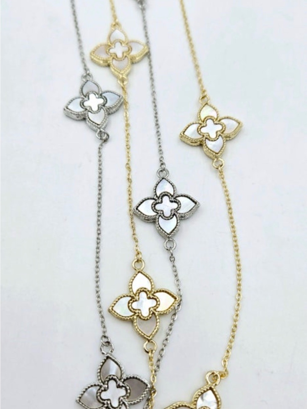 Mother of Pearl Floral Clover Station Necklace — Gold